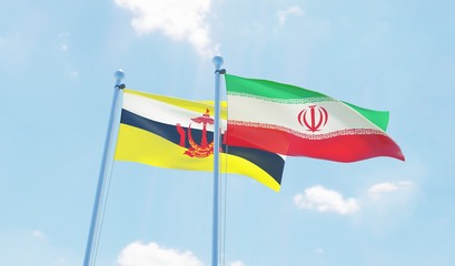 Iran and Brunei, two flags waving against blue sky. 3d image