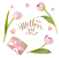 Happy Mothers day. Calligraphic greeting text. Vector design template with pink tulips and gift box