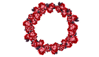 Wreath from Branches with spring peach, apple flowers and buds pink and red soft background. Bokeh.