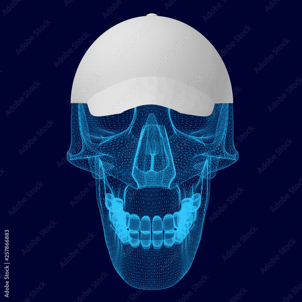 Poster skull in the cap. polygonal wireframe of a human skull in a cap with a visor. 3d. vector illustratio