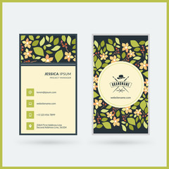 Double-sided vertical modern business card template with cute floral background. Vector mockup illustration. Stationery design
