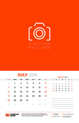 Wall calendar template for July 2019. Week starts on Sunday. Vector illustration