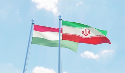 Iran and Hungary, two flags waving against blue sky. 3d image
