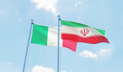 Iran and Italy, two flags waving against blue sky. 3d image