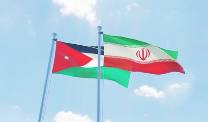 Iran and Jordan, two flags waving against blue sky. 3d image