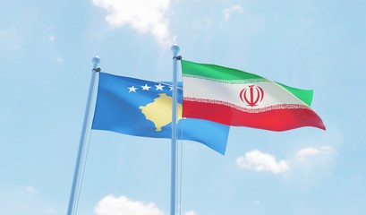 Iran and Kosovo, two flags waving against blue sky. 3d image