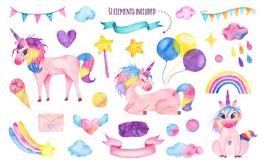 Set of watercolor cute magic unicorns with rainbow, balloons, magic wand