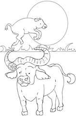 Coloring children, animals and children animals, bison.