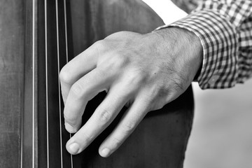 Fototapeta premium Cello playing cellist hand close up orchestra instruments Black and white image