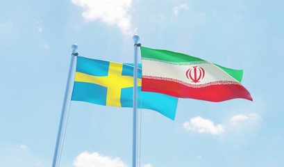 Iran and Sweden, two flags waving against blue sky. 3d image