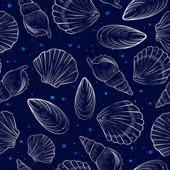 Seamless pattern of seashells, vector
