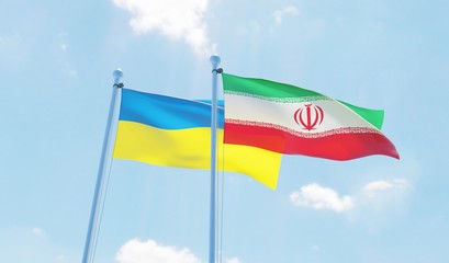 Iran and Ukraine, two flags waving against blue sky. 3d image