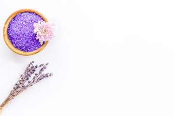 aroma therapy with lavender flower fragrance and spa salt on white background top view space for text