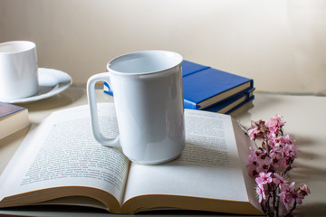 The empty cup on the open book