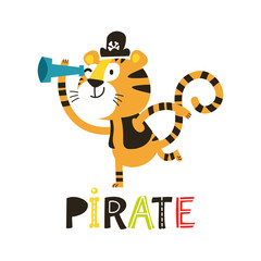 Collection of adorable pirates isolated on white background. Childish vector illustration in flat cartoon style can be used for cards, birthday invitations, prints, children clothes, interior posters