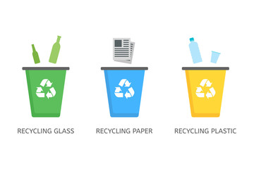 Recycle bins for plastic, paper, glass vector icons in flat style