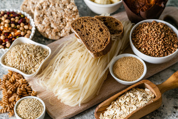 Gluten free diet concept - selection of grains and carbohydrates for people with gluten...