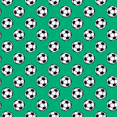 Seamless texture. Repeating image of soccer balls on the green background. Vector illustration 