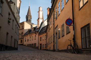 Old empty street of Stockholm. Low angle view