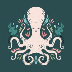 Vector hand drawn octopus, clip art illustration, vintage ethnic style, stylized animal