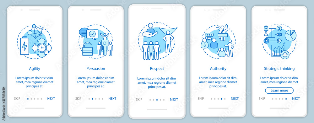 Poster leader skills onboarding mobile app page screen vector templat