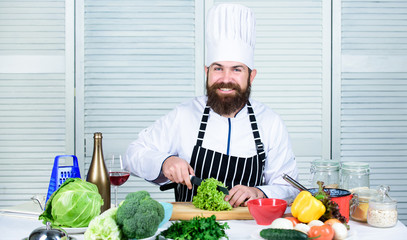 Made right choice. Chef man in hat. Secret taste recipe. Dieting and organic food, vitamin. Vegetarian. Mature chef with beard. Healthy food cooking. Bearded man cook in kitchen, culinary