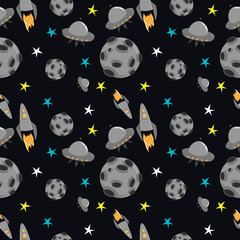 Space pattern: rocket, planet, flying saucer