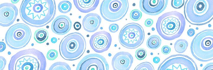 Blue Circles Abstract Horizontal Background. Raster banner template.