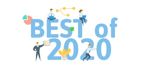 Best of 2020. Concept with people, letters and icons. Colored flat vector illustration. Isolated on white background.