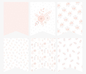 Lovely Pastel Color Floral Paper Garland. Pink Flowers and Twigs on a White Background. Cute Infantile  Style Abstract Garden. Delicate Floral Vector Design. Do It Yourself  Blotting Paper Set.