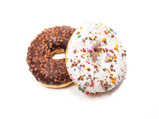 Chocolate donut and donut in white glaze on white background