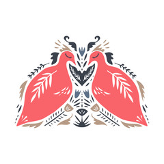Birds in scandinavian style. Nordic folk ornament. Label, print. Vector illustration, clip art
