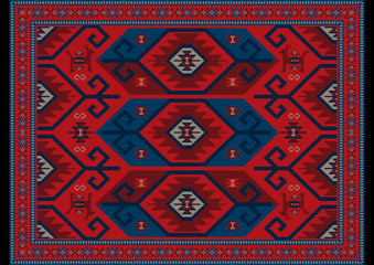 Vintage luxury oriental carpet in red, blue shades with maroon and gray patterns on black background