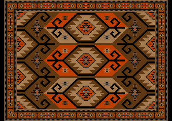Vintage luxury  oriental carpet in brown, beige shades with orange and black  patterns on black background