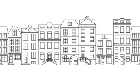 City skyline in line art style with buildings and houses. Vector illustration. 