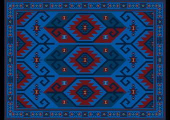 Vintage luxury oriental carpet in blue, maroon shades with beige and ultramarine patterns on black background