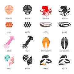 Seafood and fish icons set with two types of vector illustrations