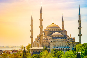 Obraz premium Minarets and domes of Blue Mosque with Bosporus and Marmara sea in background, Istanbul, Turkey.