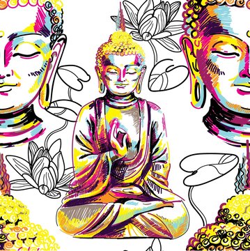 Buddha seamless pattern. Buddhism, yoga. Figure markers. Pop Art. Bright print, colored spots. Freehand drawing.