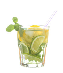 mojito cocktail in a glass glass with lime, mint and lemon on a white isolated background