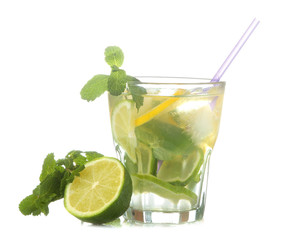 mojito cocktail in a glass glass with lime, mint and lemon on a white isolated background