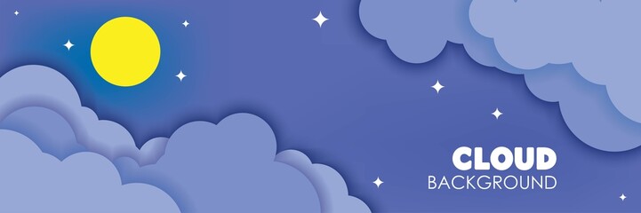 3D Papercut Cloud, Night Sky, Stars and Moon Banner Background Vector Illustration. Place Your Text Here
