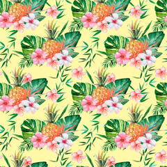 Seamless pattern, tropical pattern with flowers, leaves, pineapples. Watercolor illustration.