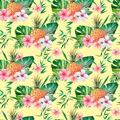  Seamless pattern, tropical pattern with flowers, leaves, pineapples. Watercolor illustration. © Marina