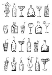 Vector outline hand drawn sketch illustration with different cocktails and alcohol bottles isolated on white background