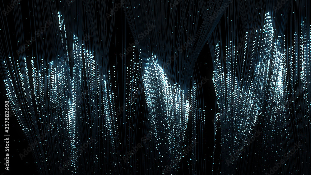 Poster 3d render of particles that through the thin wires. data transfer concept. technology background.