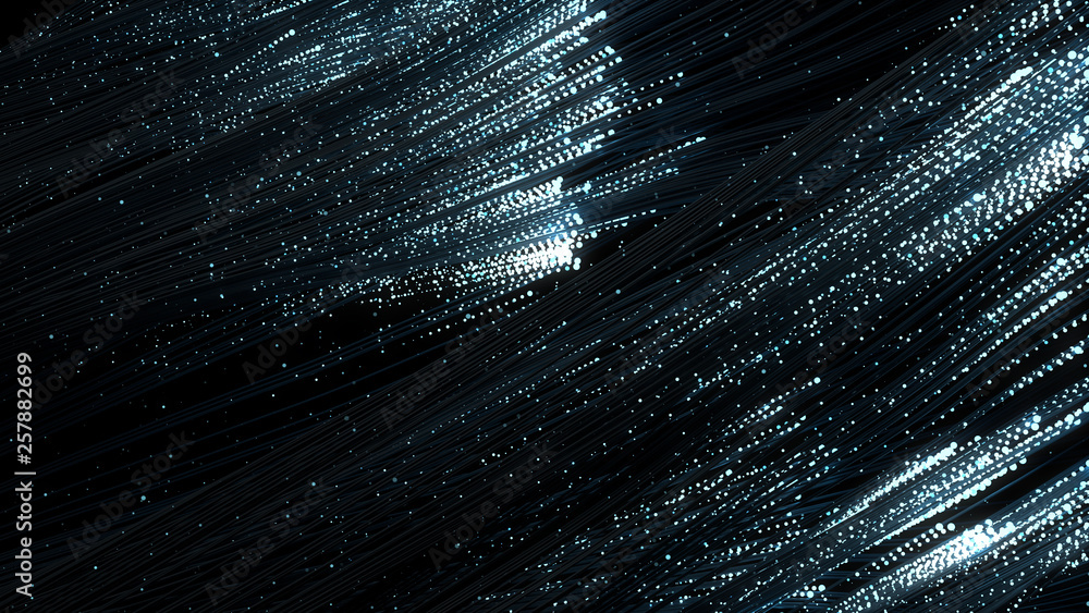 Poster 3d render of particles that through the thin wires. data transfer concept. technology background.