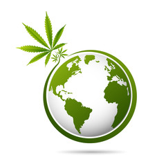 world map is made of green cannabis leaves. Abstract territorial plan in green color hues
