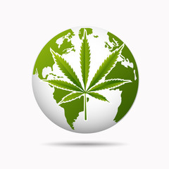 world map is made of green cannabis leaves. Abstract territorial plan in green color hues