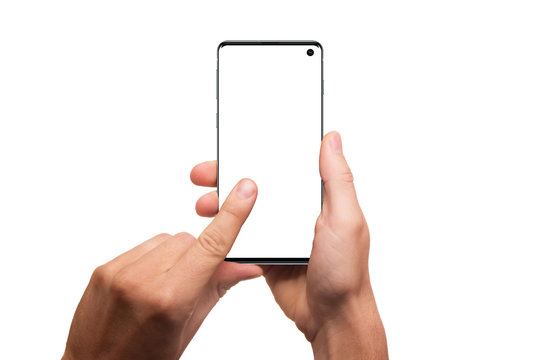 Hands holding smartphone with blank screen isolated on white background. Hand holding modern black phone in vertical position. Trendy phone mockup.